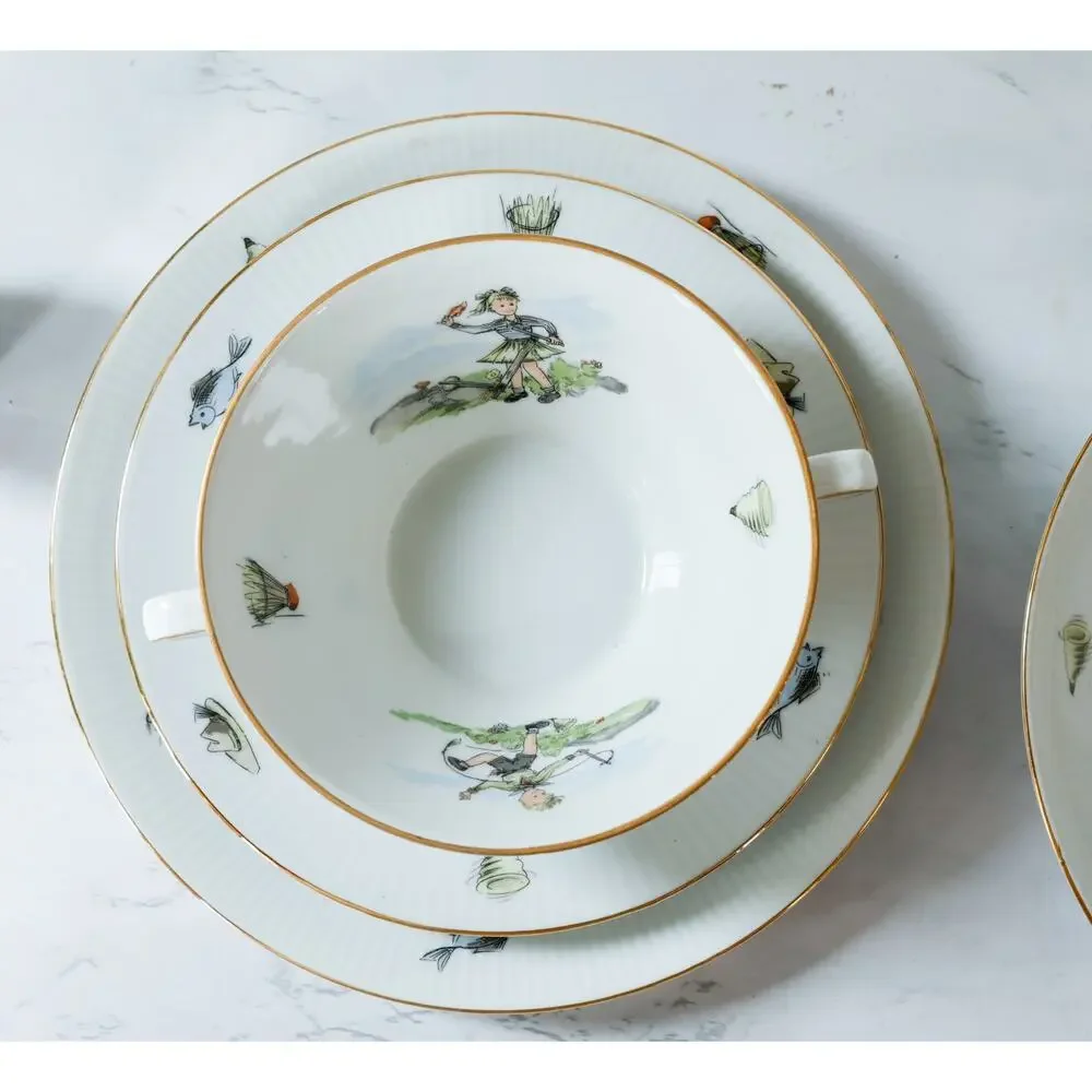VTG 50s Seltmann Weiden Children Dinnerware Set Bowl Plate Egg Cup Girl Play MCM